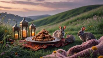 Rabbits on Picnic Blanket with Cookies, Lanterns and Rolling Hills photo
