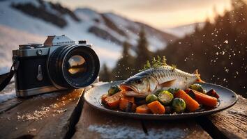 Prepared Fish with Vegetables and Camera on Snowy Table Outdoors photo
