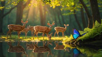 Deer Drinking Water at Forest Pond with Butterfly and Sunlight photo