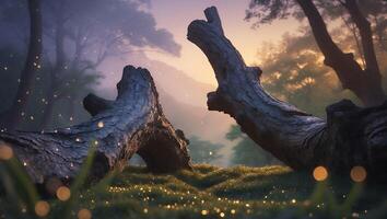 Fallen Tree Trunk in Forest with Misty Light and Bokeh photo