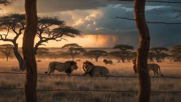 Lions in Savannah Landscape at Dusk with Stormy Sky photo