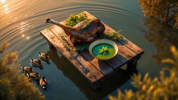 Festive Thanksgiving Feast Served on Floating Dock with Ducks photo