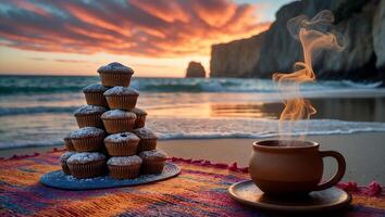 Cupcakes and Steaming Drink on a Beach at Sunset Serenity photo