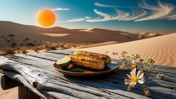 Grilled Corn on the Cob with Lime in Desert Landscape photo