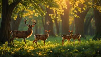 Deer Family Grazing in Forest Sunlight Glade at Magic Hour photo