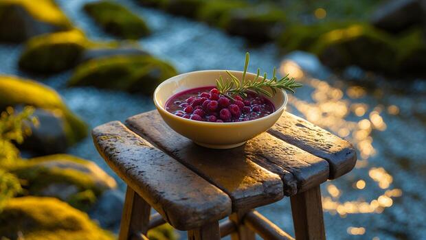 Raspberry Dessert Bowl on Rustic Stool by Flowing River photo