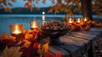 Autumnal Snack Display with Candles on Rustic Lakeside Table photo
