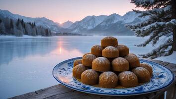 Stacked Cookies by Snowy Mountain Lake at Sunrise on Decorative Plate photo