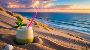 Refreshing Beach Drink on Sand Dunes Overlooking Ocean at Sunset photo