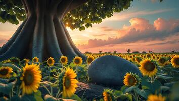 Sunflower Field with Large Tree and Stone During Golden Hour Sunset photo