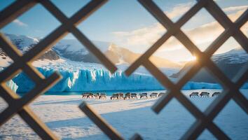 Reindeer Grazing on Snowy Plain Near Glacier Seen Through Window Grate photo