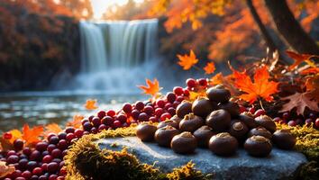 Autumn Harvest Still Life with Waterfall and Colorful Fall Foliage photo