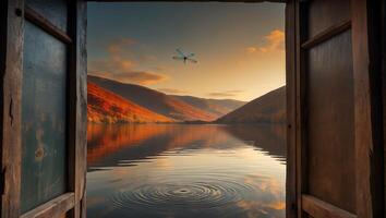 Viewing Serene Lake Landscape with Dragonfly Through an Open Window photo