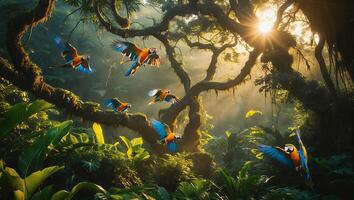 Parrot Flight Through Tropical Rainforest with Morning Sunlight Shining Through photo