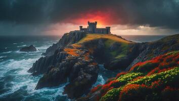 Coastal Castle Atop Cliff with Sea and Dramatic Sunset Sky photo