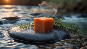 Cube on River Stone with Rosemary Creates Calming Spa Aesthetic photo
