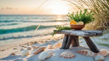 Beach Still Life with Citrus Fruits and Seashells at Sunset photo