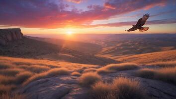 Eagle Soaring Over a Desert Landscape at Colorful Sunset photo