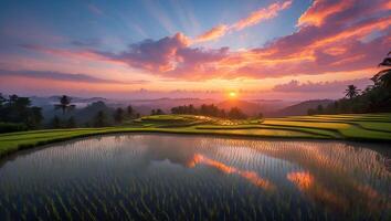 Rice Terraces Reflecting Beautiful Sunset Sky with Clouds and Sunlight photo