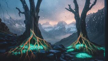 Glowing Roots on Moody Mountain Landscape Seen Through Wet Window photo