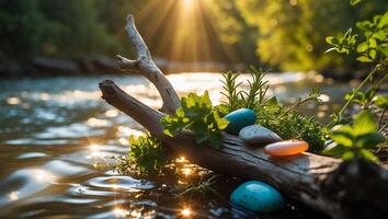 Smooth Stones and Herbs Sit on Driftwood in Sunny River photo