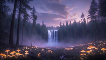 Waterfall and Glowing Mushrooms in Dreamy Forest Landscape at Twilight photo