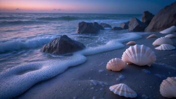 Seashells on Sandy Beach at Sunset with Waves and Rocks photo