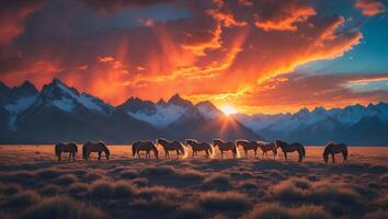 Horses Grazing in Field at Dramatic Sunset with Mountain Backdrop photo