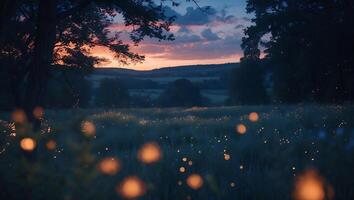 Glowing Lights Dance in a Meadow Under a Vibrant Sunset Sky photo