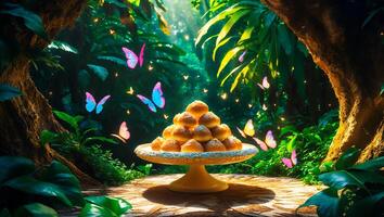 Delicious Cake Balls on Pedestal Displayed in Lush Green Forest photo