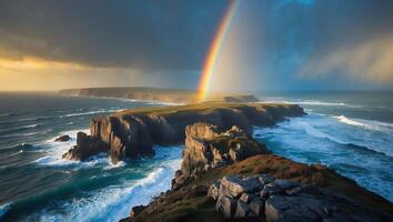 Ocean Cliff Landscape with Rainbow and Breaking Waves Scenic View photo
