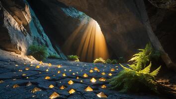 Entering Sunlit Cave Filled with Crystals and Ferns Ground Cover photo