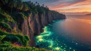Coastal Cliffscape at Sunset with Tropical Vegetation and Sparkling Water photo