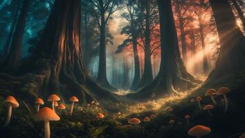 Exploring Mushroom Forest with Tall Trees and Sun Rays Shining Through photo