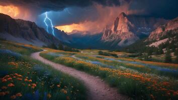 Hiking Trail Through Meadow with Stormy Sky and Lightning Over Mountains photo