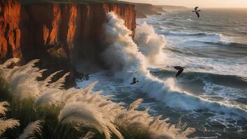 Ocean Wave Crashing Against Cliff with Birds Flying and Coastal Grass photo
