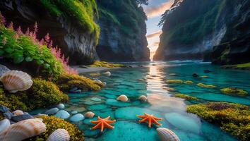 Exploring a Tranquil Cove with Clear Water, Shells, and Starfish photo