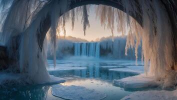 Waterfall in Winter with Ice Covered Bridge and Frozen Landscape photo