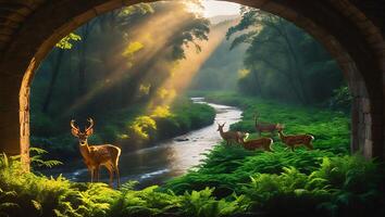 Deer Standing by River Surrounded by Ferns and Sunlight in Forest photo