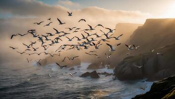 Seagulls Flying Over Coastal Cliffs at Sunset in Ocean Landscape photo