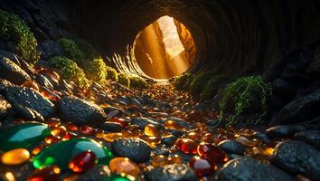 Exploring Glimmering Cave Path with Sparkling Stones and Sunlight photo