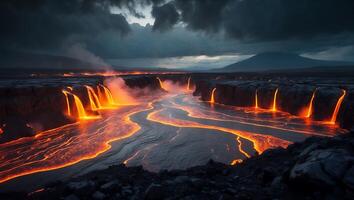 Flowing Lava River in Volcanic Landscape with Dark Moody Sky photo
