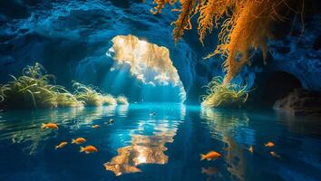 Swimming Goldfish in Grotto with Sunlight and Underwater Plants photo