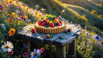 Delicious Fruit Tart on Wooden Table in Blooming Meadow with Bees photo