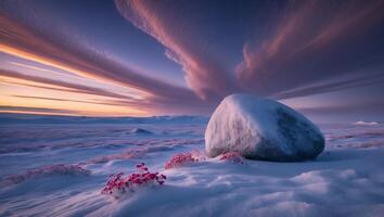 Rock in Snowy Field Under Dramatic Cloudscape at Sunset photo