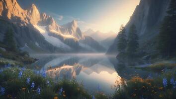 Reflective Lake Landscape with Mountains Flowers and Early Morning Light photo