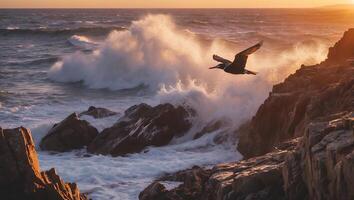 Bird Flying Over Rocky Coastline with Crashing Waves at Sunset photo