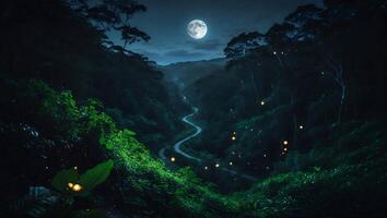 Road Winding Through Lush Green Forest at Night Under Full Moon photo