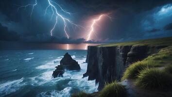 Lightning Strikes Over Cliffside Coastline with Stormy Ocean and Dramatic Sky photo