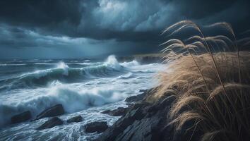 Crashing Waves on Rocky Coastline Under Dramatic Stormy Sky with Grass photo